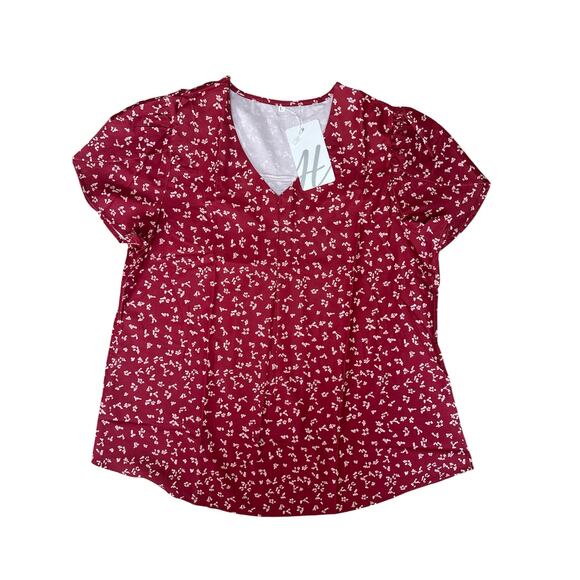 Women's Large Short Sleeve Chiffon Blouse Loose Fit Split V Neckline Red Summer - Picture 8 of 8